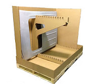 Sheet metal panel held in a corrugated pack on a wood pallet base