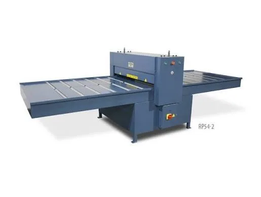 Blue flatbed diecutter with a long infeed table for die-cutting corrugated sheets
