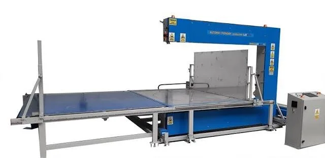 Blue Latmax wire cutter with a flat feed table for slicing foam
